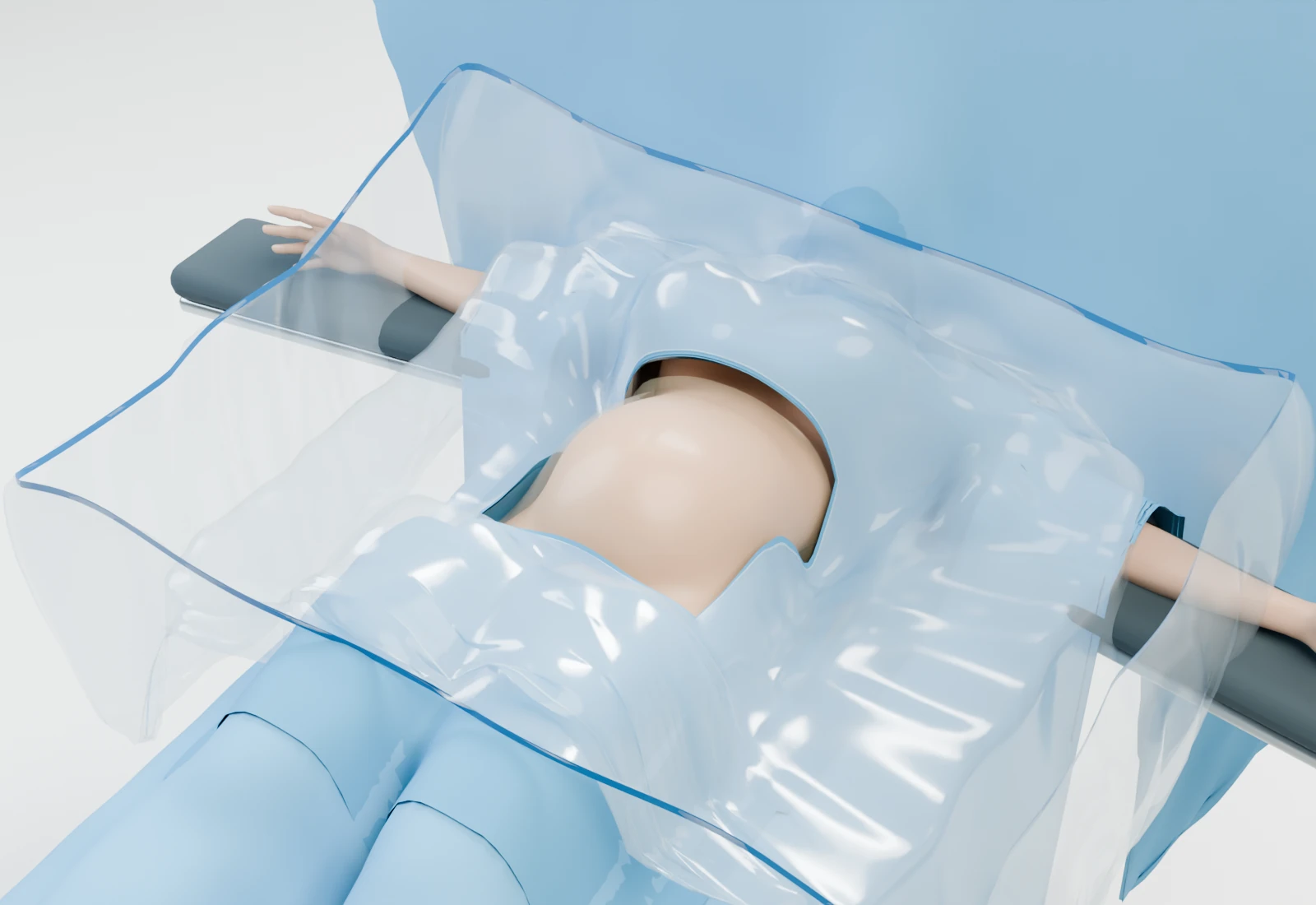 Close-up of the transparent square pouch and abdominal aperture